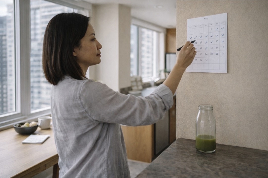 Asian woman in her mid-30s standing in a high-rise condo kitchen looking at a wall calendar with subtle check marks; a quarter-full bottle of deep green juice rests on the counter.