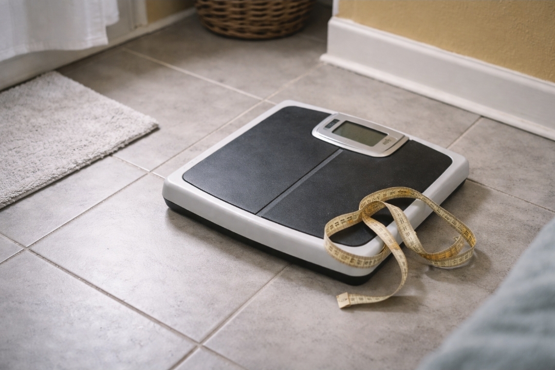 Neutral bathroom scale and folded measuring tape on a light gray tile floor in a small rental bathroom, lit by soft daylight; no numbers are visible.