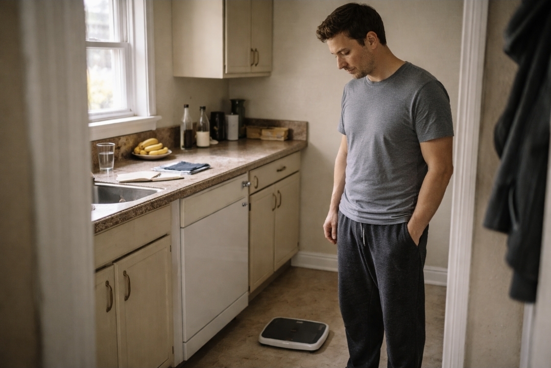Juice fast stall: scale not moving Man standing in a small older kitchen looking down at a bathroom scale on the floor; neutral expression, everyday morning light.