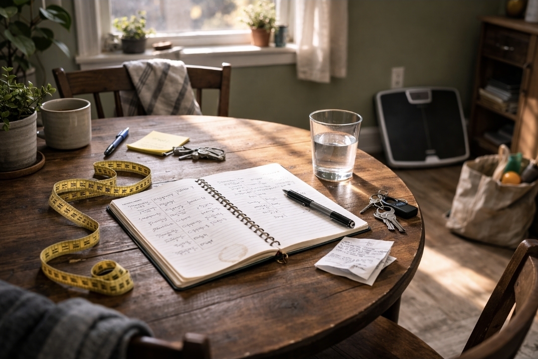 Tracking a juice fast stall without obsessing Round wooden table with an open notebook, pen, measuring tape, keys and a glass of water; a bathroom scale leans in the background, daylight through a window.