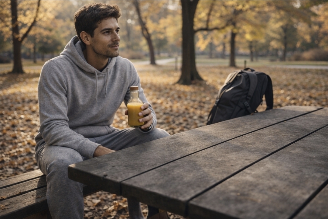 person taking a work break outdoors with water and vegetable juice during a fast