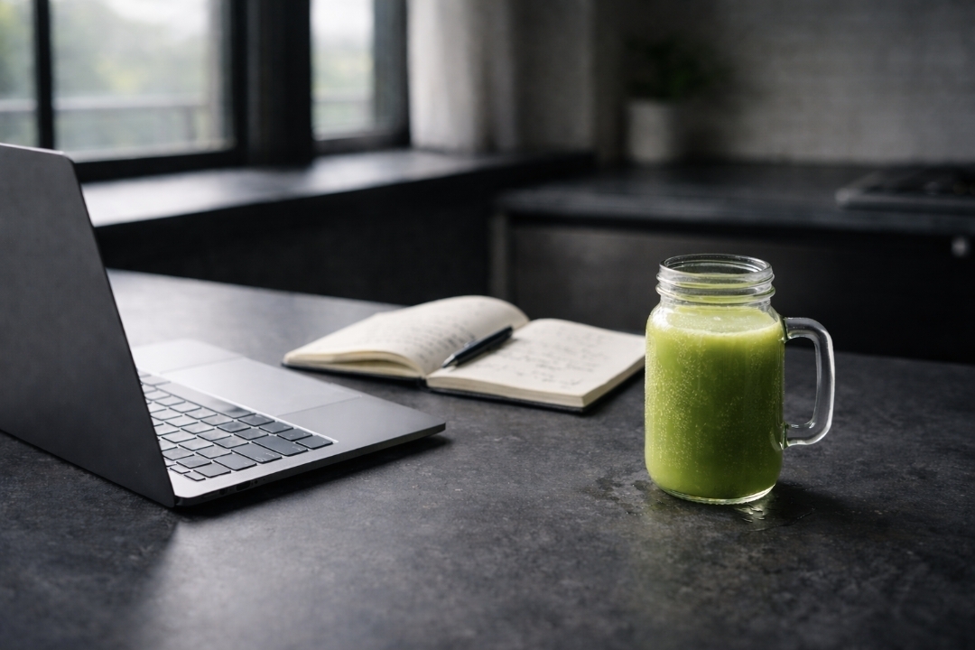 work desk with green juice, water, laptop, and notes during a juice fast