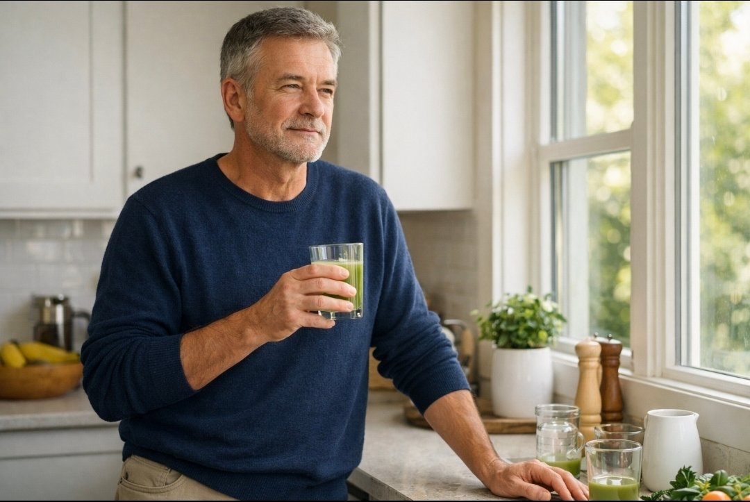 older man holding a glass of green juice near a bright kitchen window, looking thoughtfully outside with a calm low-energy expression