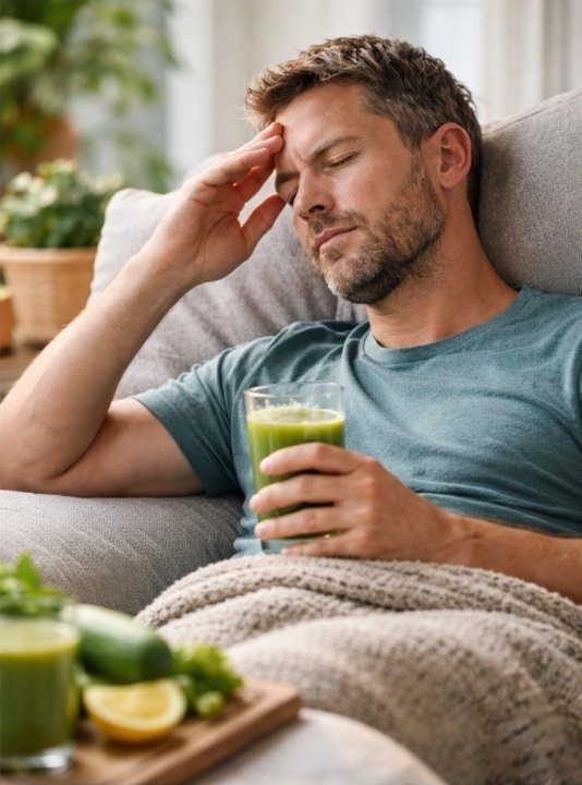 person resting on couch during juice cleanse headache recovery drinking vegetable juice