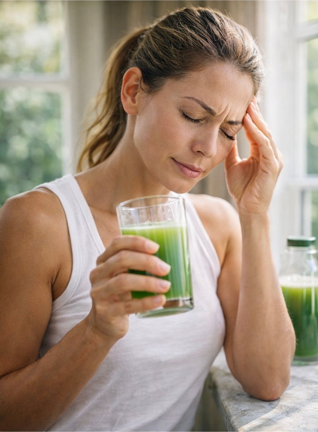 Person holding green juice during juice fast looking tired headache symptom