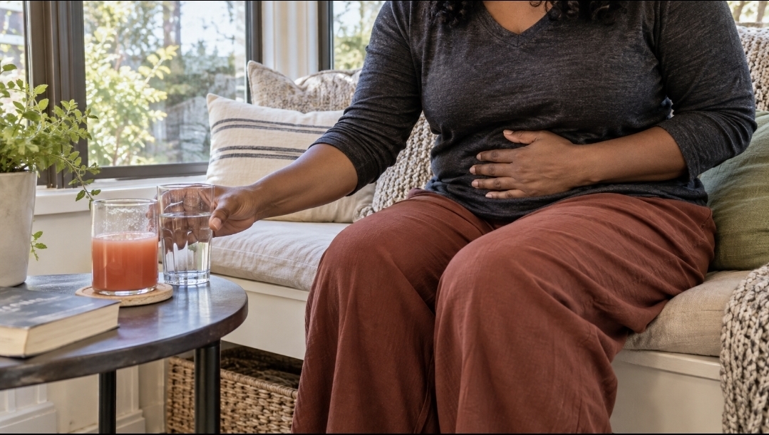 Juicing and Stomach Tolerance Woman holding her stomach and reaching for water beside a half-finished juice