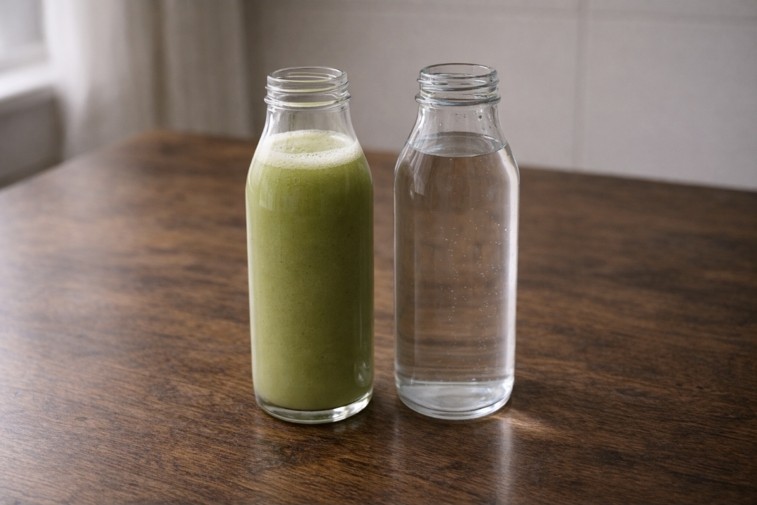 Two clear bottles on a wooden table: one green juice and one water