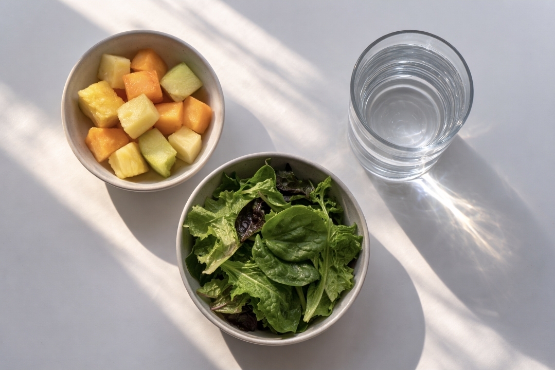Bowls of leafy greens and cubed fruit beside a glass of water