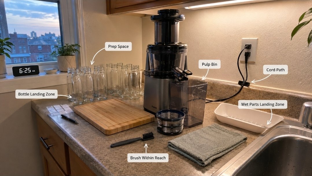 Annotated kitchen counter setup showing a dry juicer test layout with prep space, empty bottles, pulp bin, cleaning brush, cord path and wet parts area.
