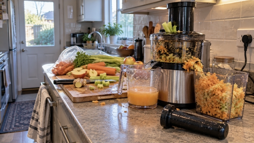 Vegetable Pulp Blocking the Juicer Outlet Vegetable pulp collecting around a blocked juicer outlet