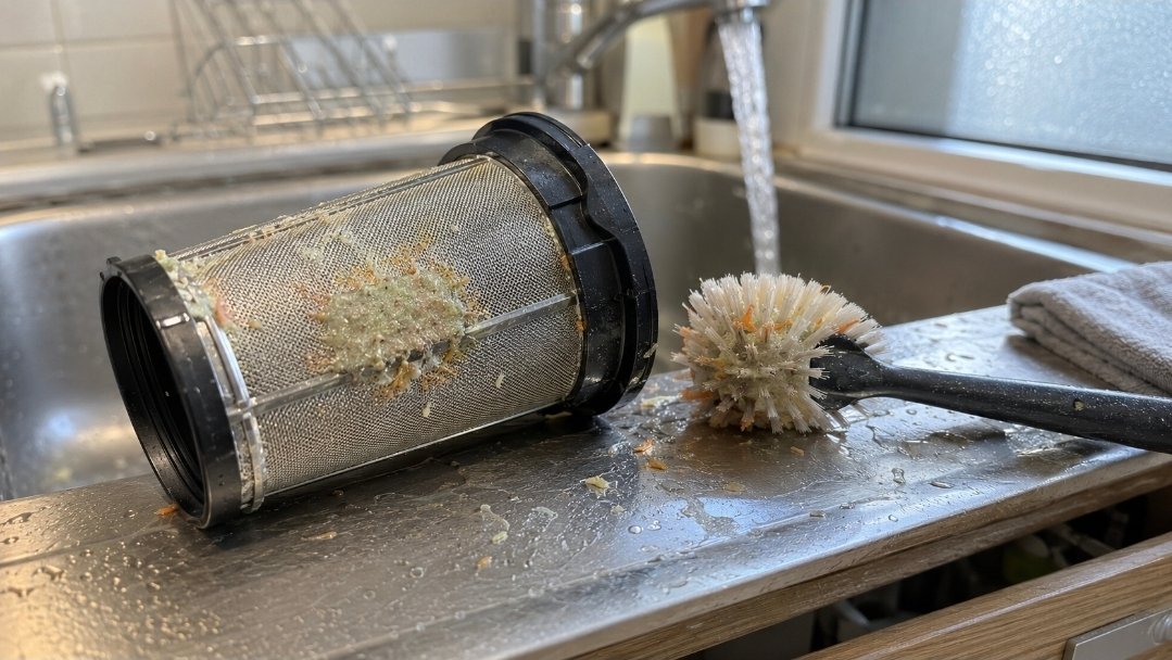 Juicer filter screen and cleaning brush on a wet sink ledge after juicing