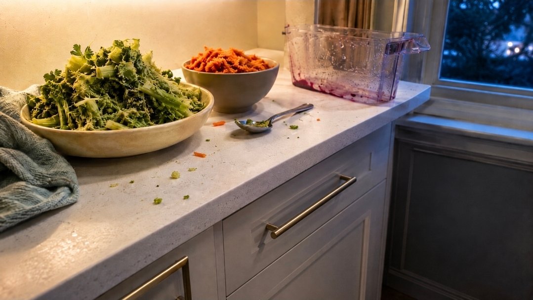 Separate bowls of green vegetable pulp and orange carrot pulp beside a rinsed juicer catcher