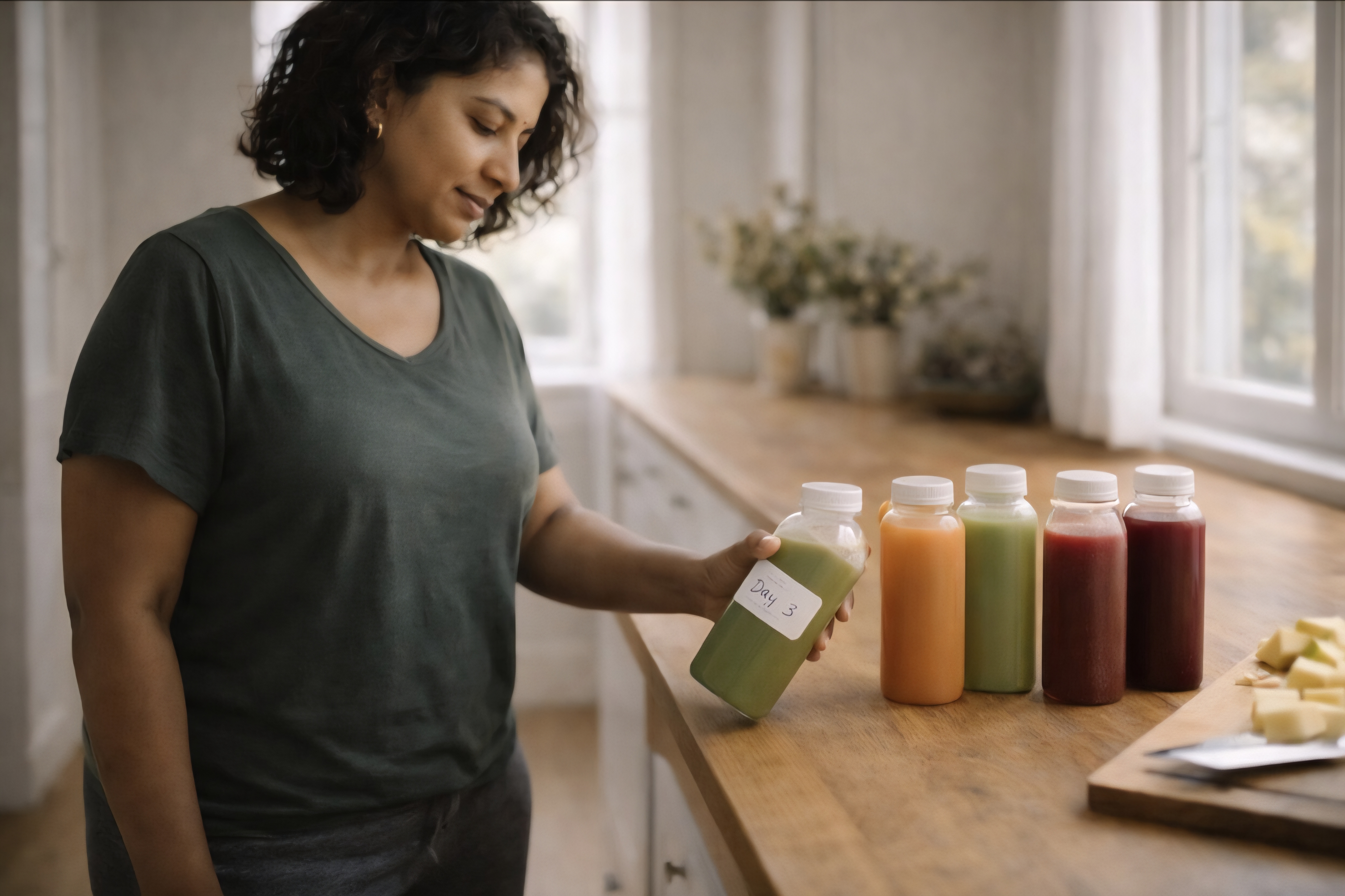 Woman labeling juice bottles in a kitchen before the next cleanse day
