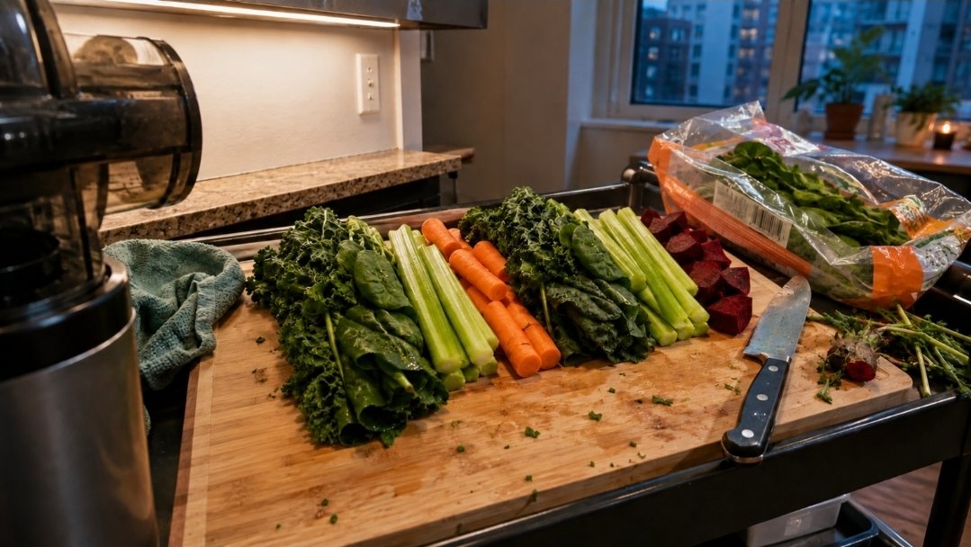 Leafy greens, celery, carrots and beets arranged on a cutting board beside a juicer for better green juice yield