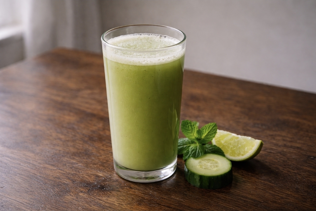 Low-sugar green juice in a glass with lime and mint