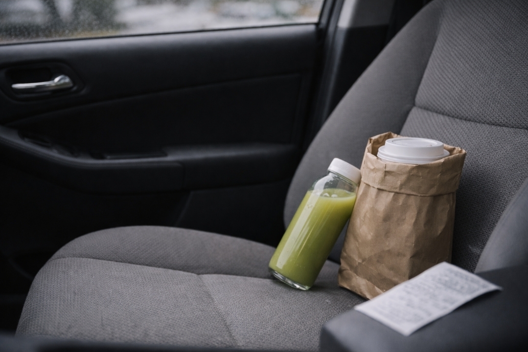 Green juice bottle and takeaway coffee on a car seat after a missed juice during a busy cleanse day