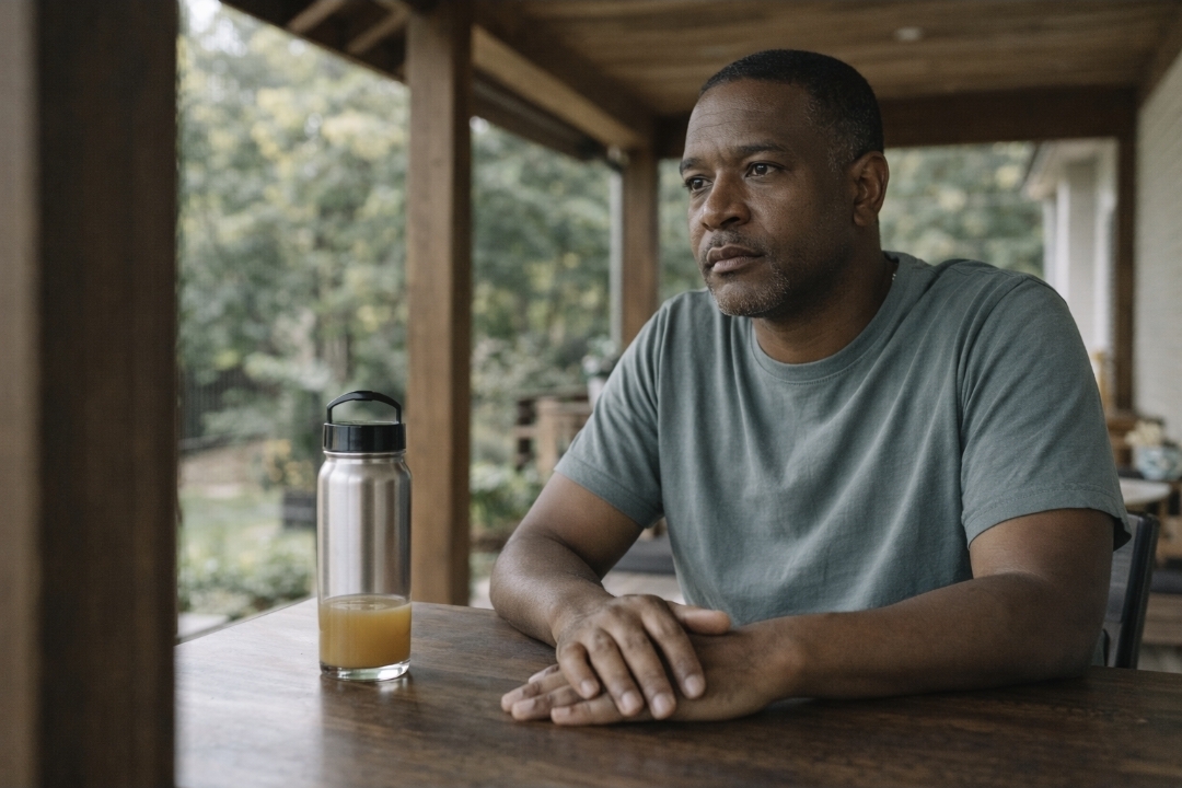 Middle-aged Black man seated upright at an outdoor covered patio table in daylight, looking serious and focused with a partially filled juice container nearby.