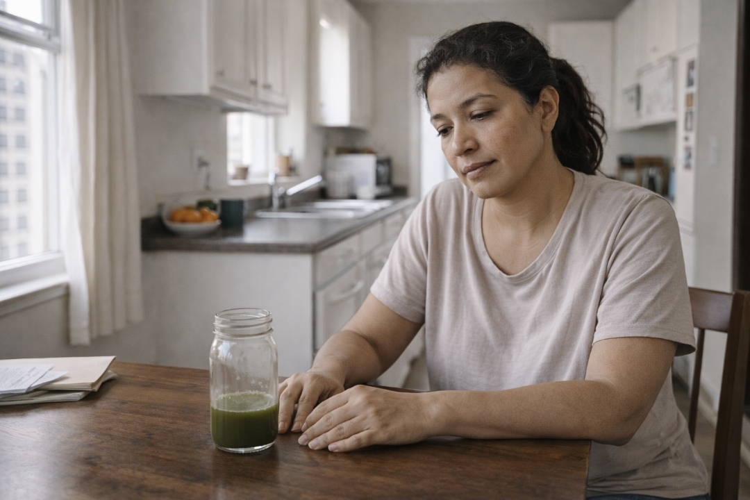 Young adult in a compact apartment kitchen leaning lightly against the counter with a manageable tired expression; a nearly empty short tumbler of deep green juice sits nearby.