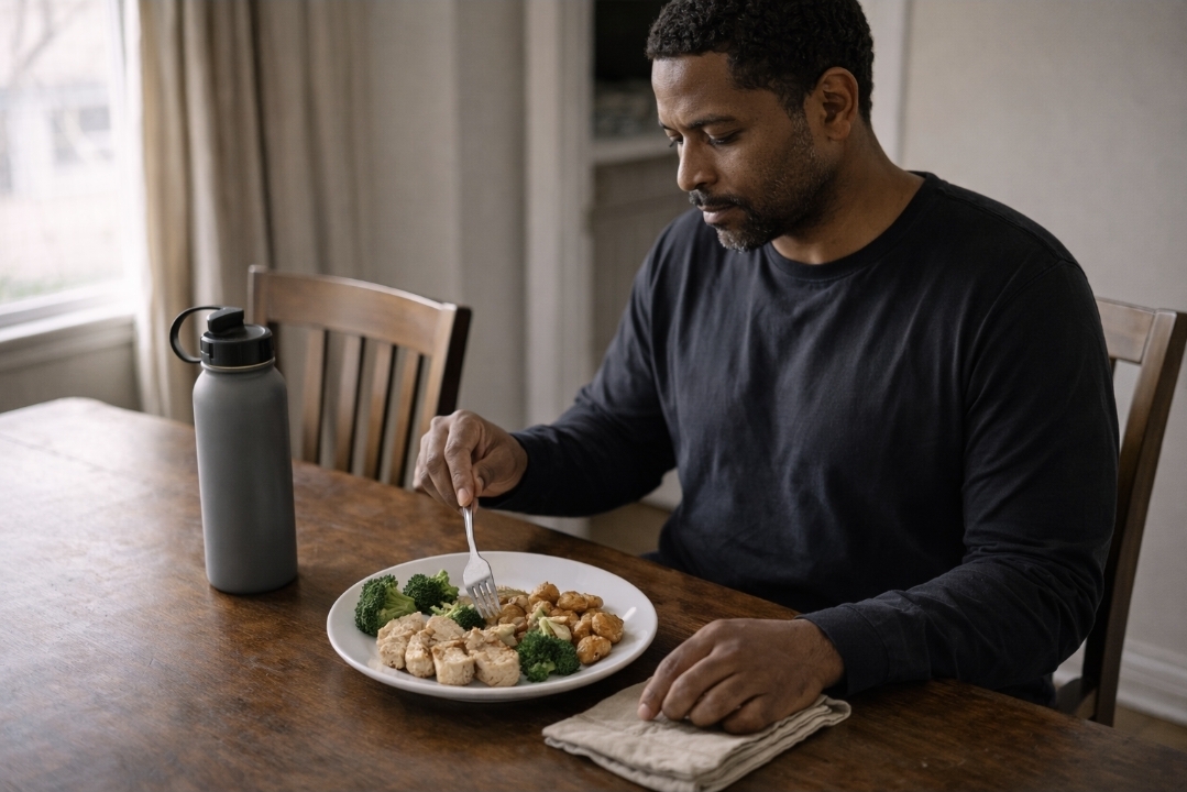 Simple plated meal in a kitchen during refeed after a juice fast
