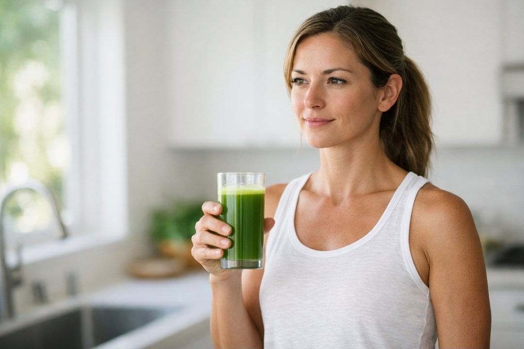 person holding fresh green juice in bright kitchen preparing for juice fast