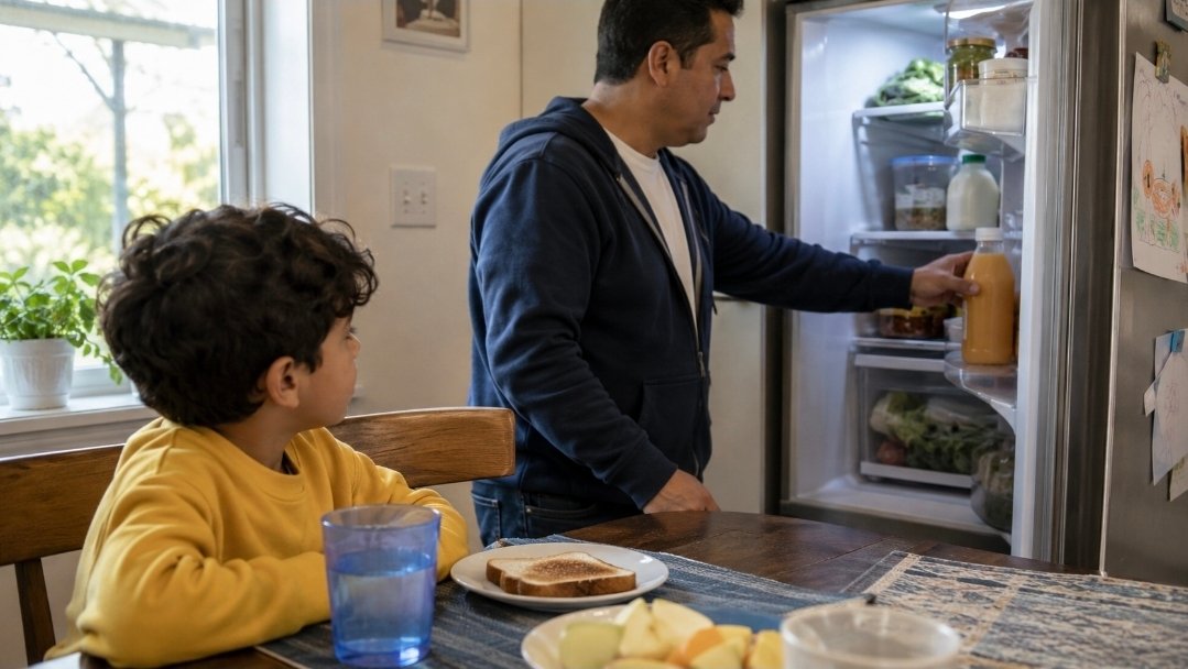 Adult placing fresh juice back in the refrigerator while a child sits nearby with water