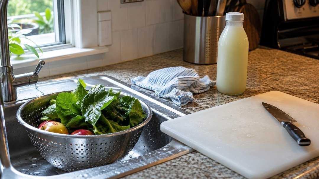 Raw Juice Prep Safety Washed greens and apples in a colander beside a capped fresh juice bottle and clean cutting board