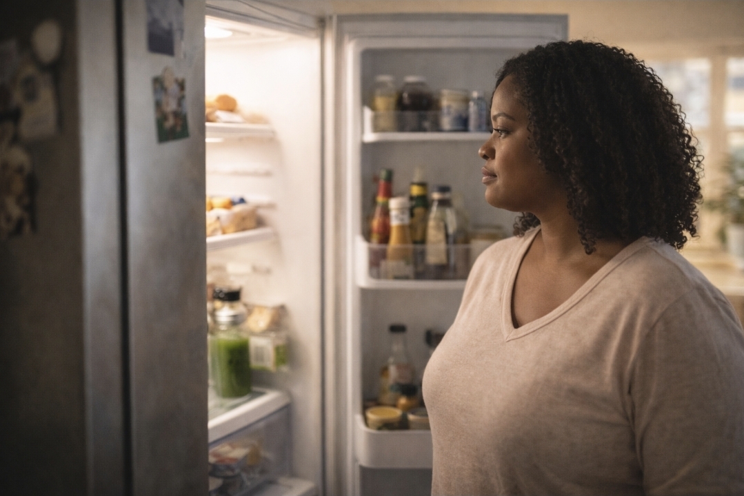 Woman looking into an open fridge after a juice fast, showing returning appetite and food interest