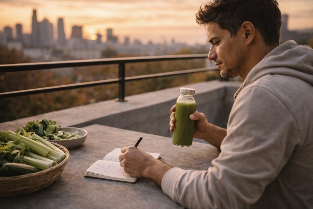 Man writing notes while holding a bottle of green juice on a rooftop table during sunset