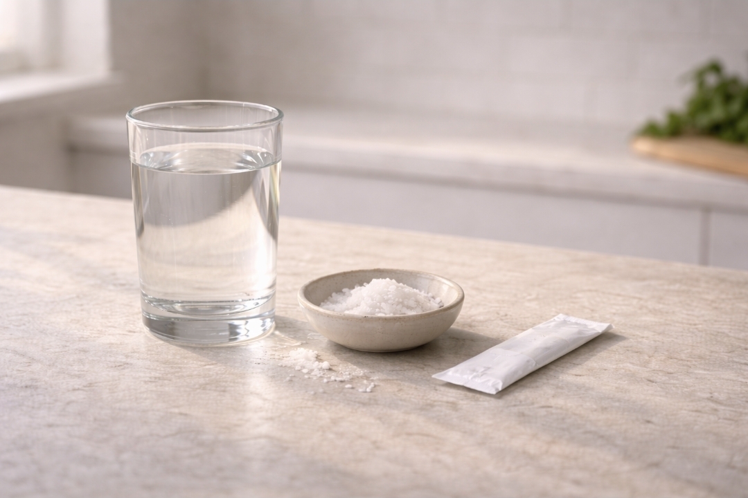 Glass of water with a small bowl of salt and an electrolyte packet on a kitchen counter.