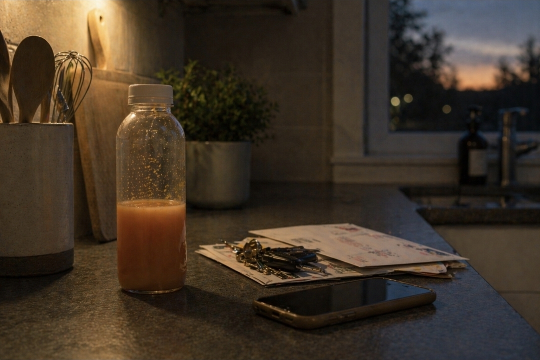 Bottle of orange juice on a kitchen countertop beside keys, phone, and post at dusk during a second cleanse