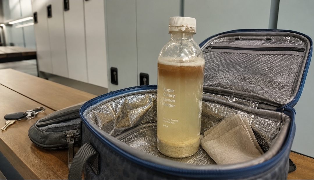 Separated apple celery juice bottle with foam and pulp settled in a lunch bag