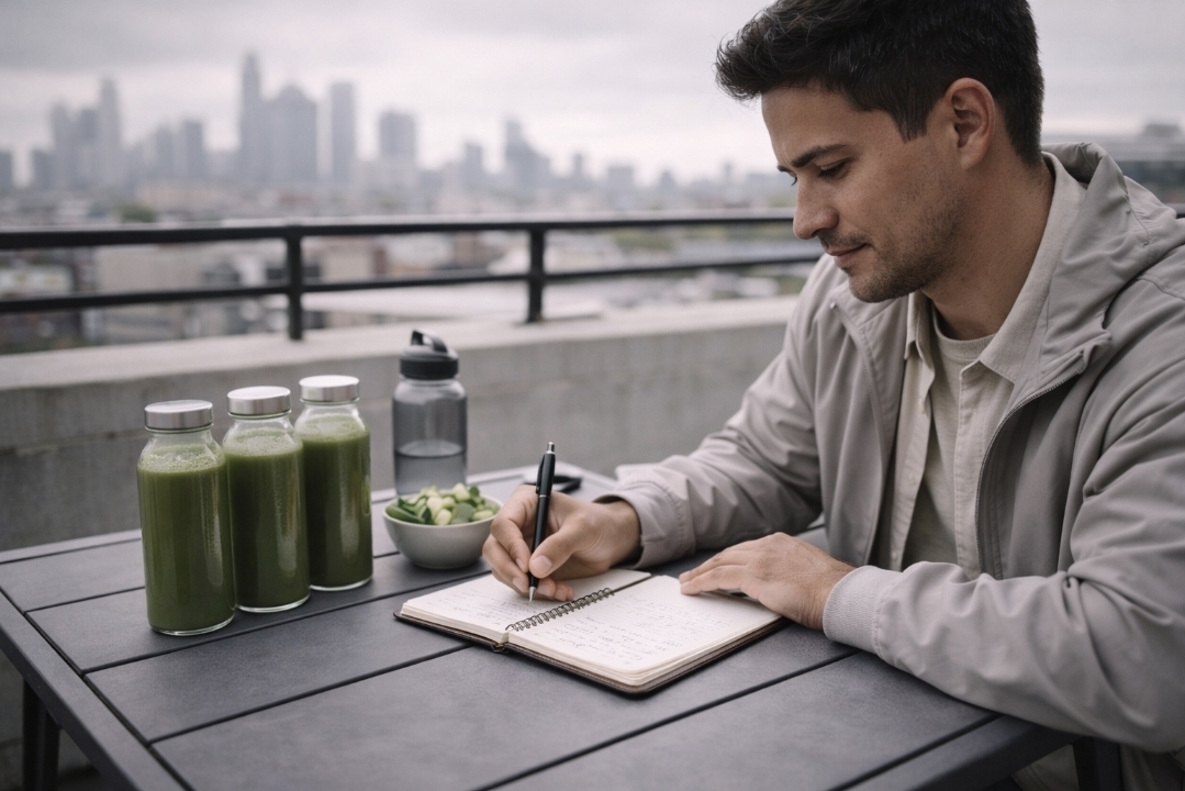 Person writing a juice fast plan with bottles of green juice on a rooftop table