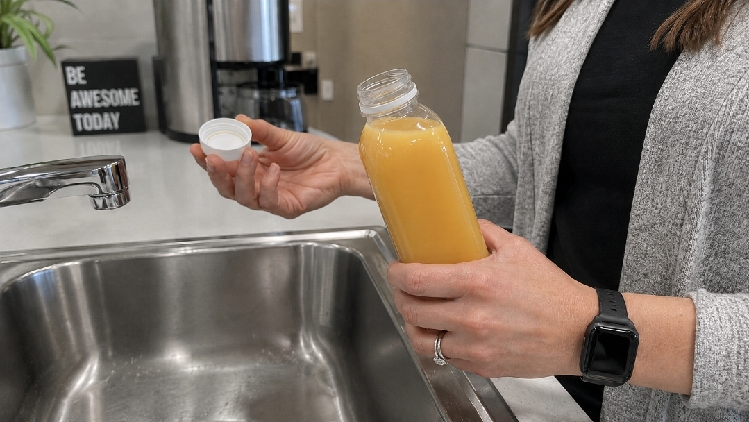 Woman holding an opened bottle of yellow juice beside a workplace sink while checking the cap and bottle before drinking.