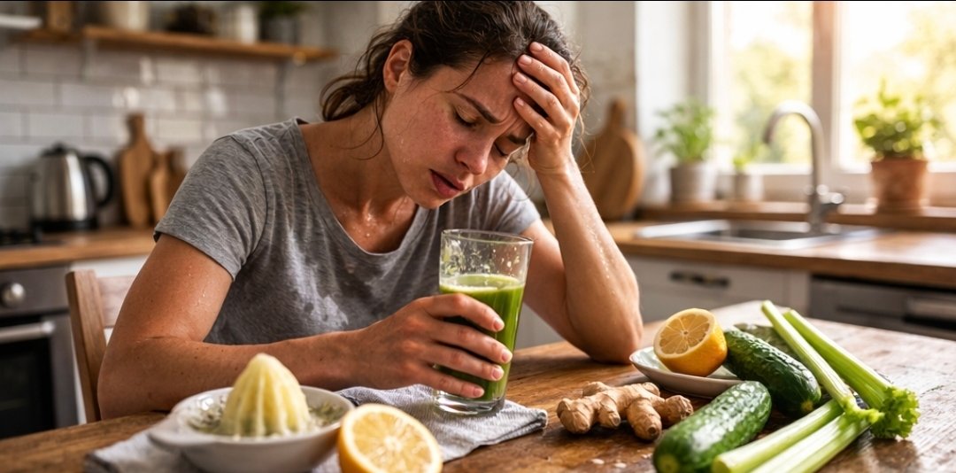 person sitting at a kitchen table holding a glass of juice, appearing shaky and fatigued during a juice fast