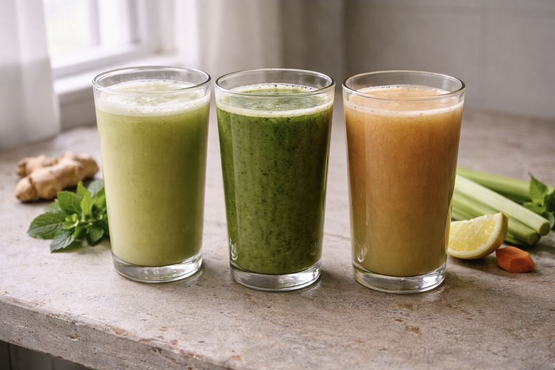 Three vegetable-forward low-sugar juices showing flavor rotation during fasting