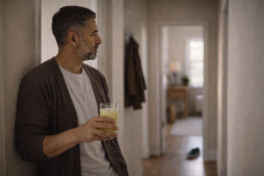 Man holding a glass of juice while standing indoors during a juice fast, thoughtful and slightly fatigued