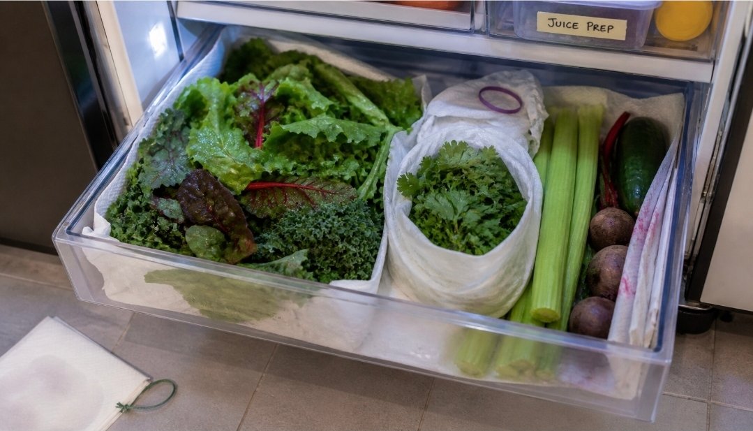 Washed leafy greens, herbs, celery, cucumber and beetroot stored in an open fridge drawer with paper towel.