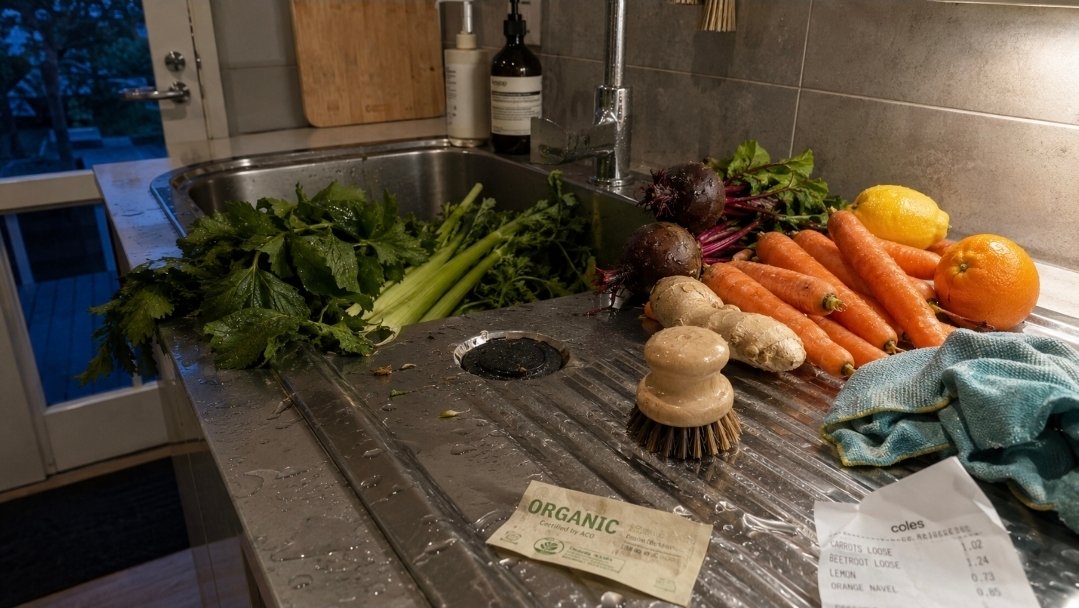 Washing Juicing Produce Washed juicing produce with organic label, receipt, brush and cloth beside a kitchen sink