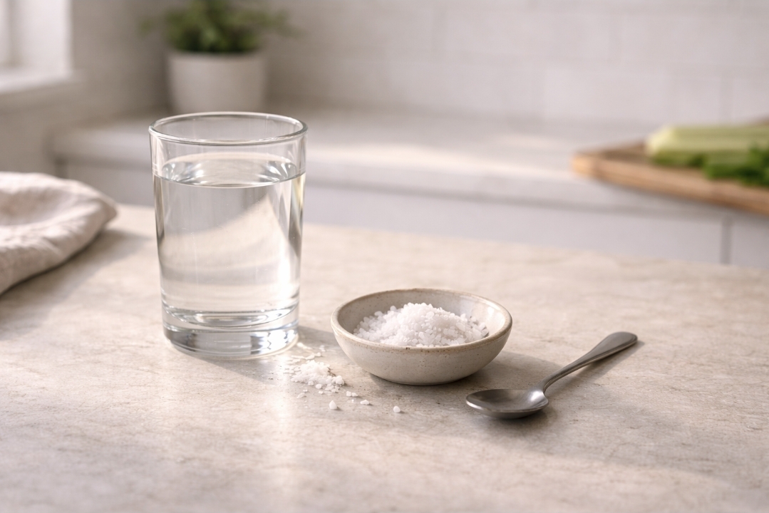 Glass of water beside a small bowl of salt and a spoon on a kitchen counter.