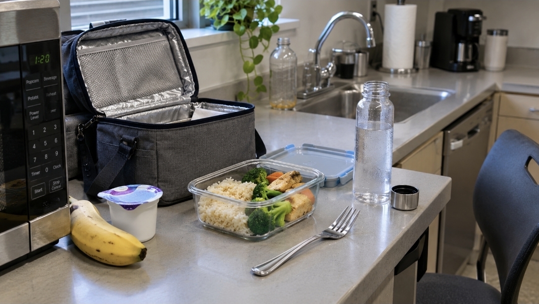 Getting back to normal meals after a cleanse Packed lunch of rice, chicken and vegetables with a water bottle in a kitchen the week after a juice cleanse