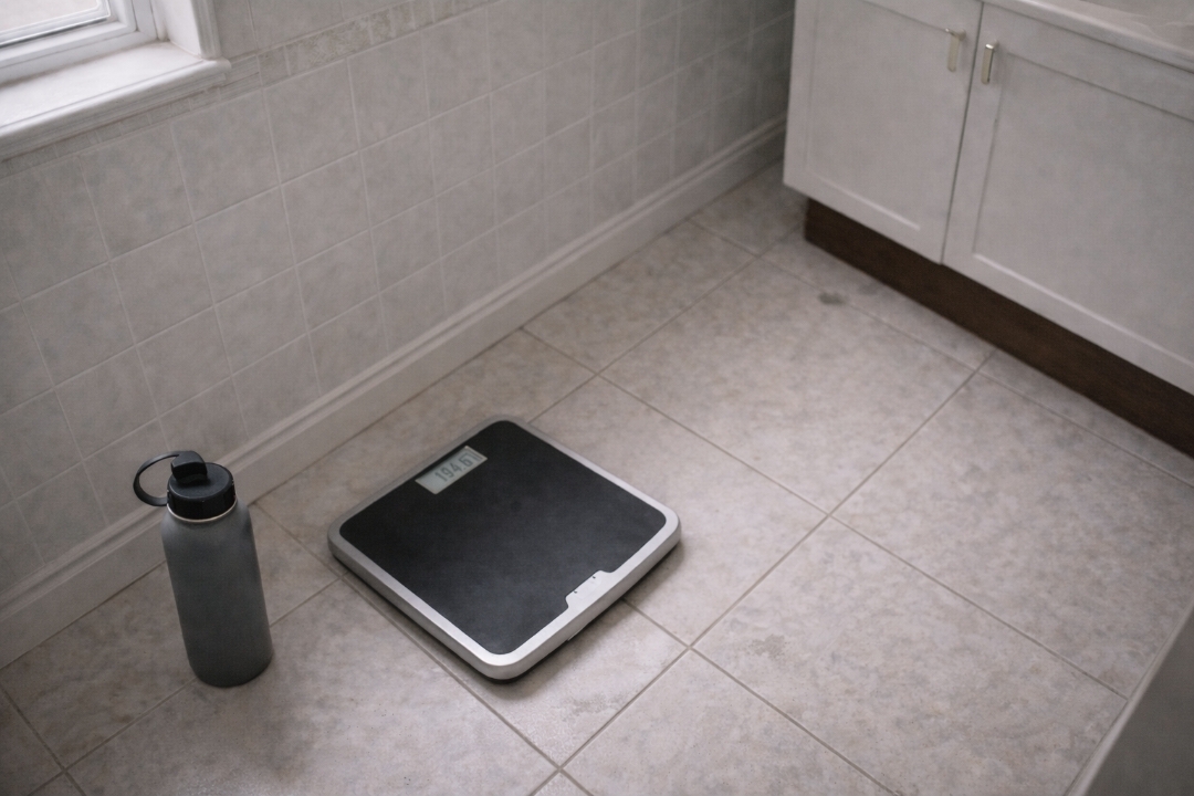 Bathroom scale and water bottle on tile floor after a juice fast