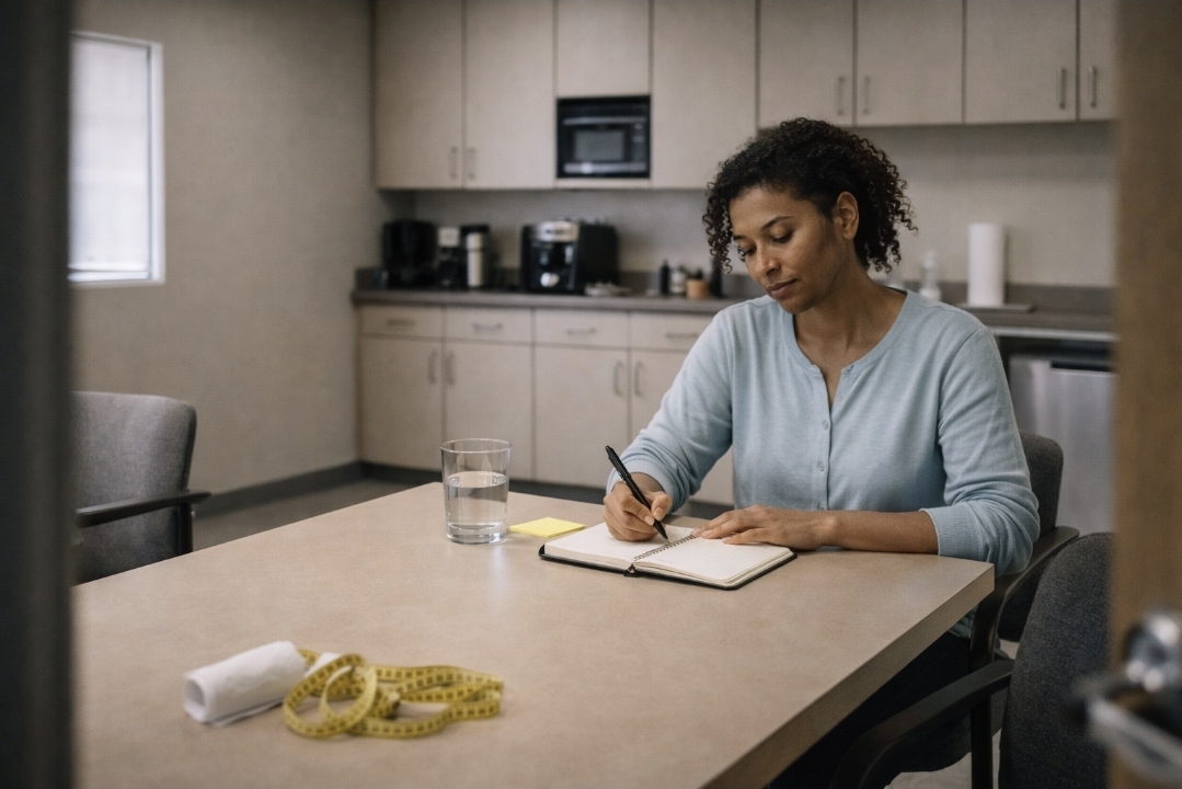 Simple tracking without obsession Woman seated at a table writing in a notebook with a glass of water and a measuring tape nearby.