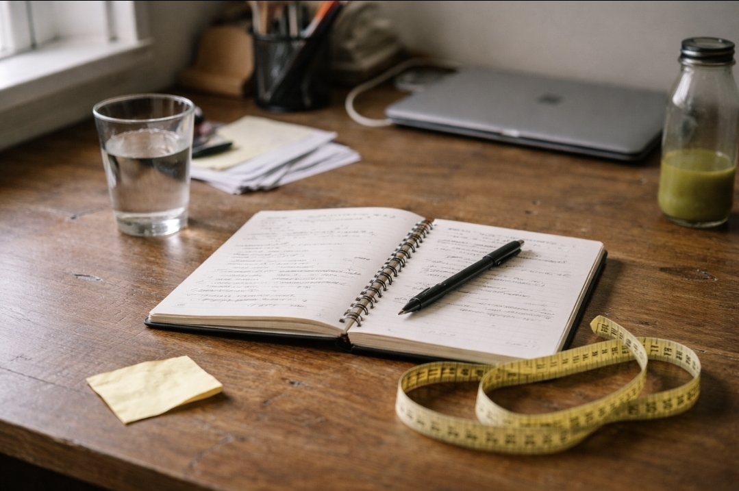 Notes and cues for steady monitoring Close-up of an open notebook and pen on a wooden desk with a glass of water, measuring tape, and a small bottle of green juice nearby.