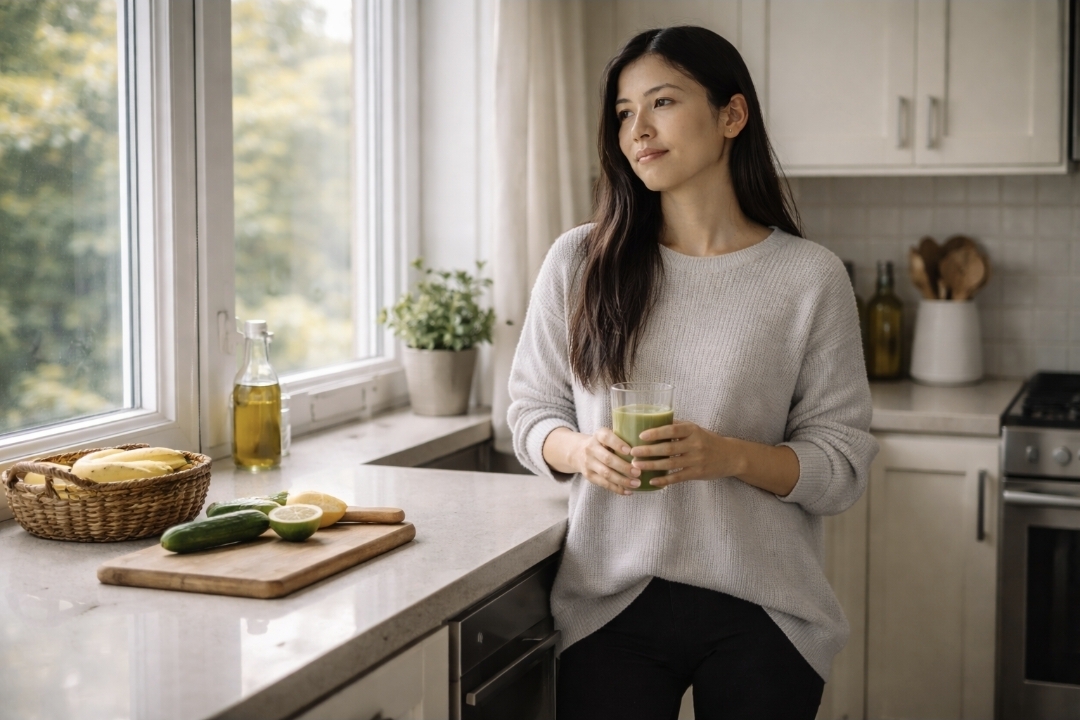 woman holding a small glass of green juice in soft morning light, looking calmly tired near a kitchen window
