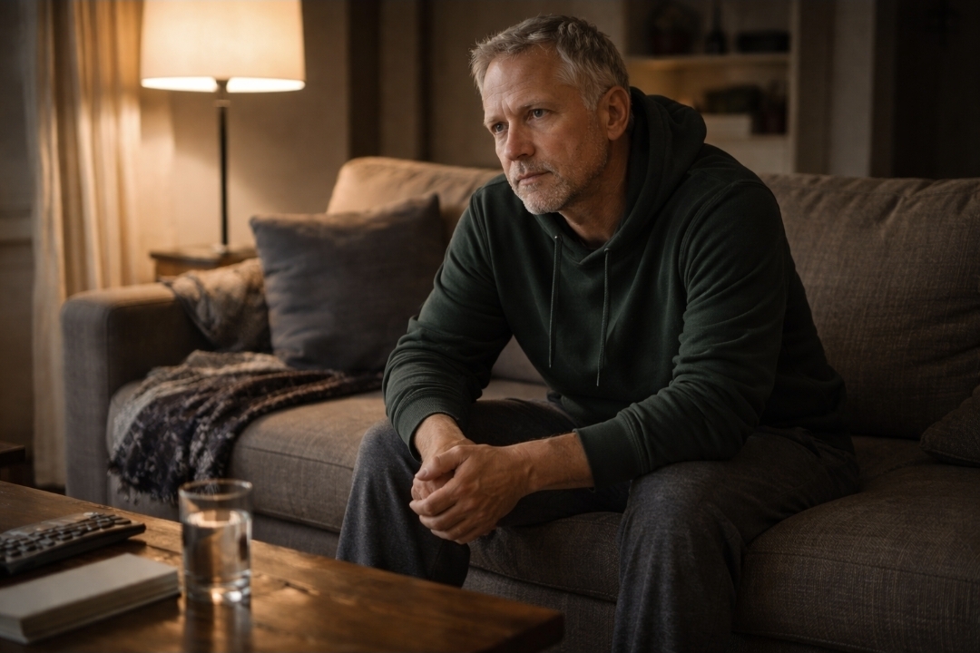 tired man sitting forward on a living room sofa under a warm lamp, looking wired but exhausted late at night