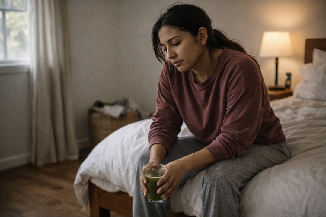 Latina woman sitting on the edge of an unmade bed in early morning light, looking tired and low-energy, suggesting morning heaviness during a juice fast