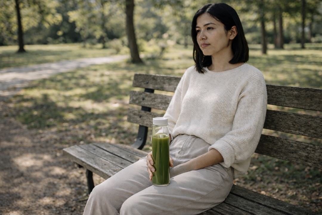 East Asian woman sitting on a park bench in bright afternoon daylight holding a reusable bottle of green juice, looking thoughtfully fatigued during a juice fast
