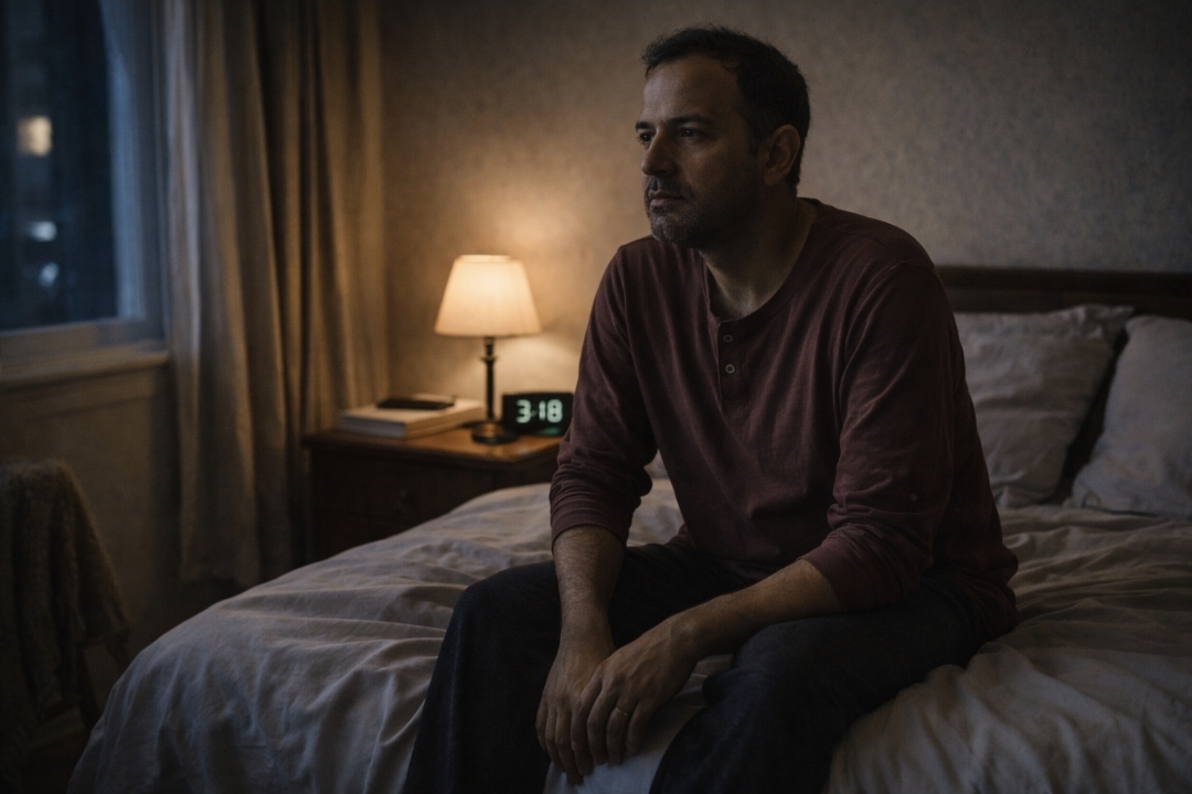 man sitting upright in bed at 3am during a juice fast, alert but exhausted